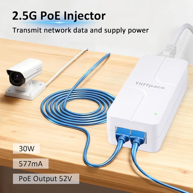 Tliffpaco PoE+ Injector 2.5Gb, Converts Non-PoE to PoE, 100/1000/2500Mbps and 802.3at/af Compliant, Plug & Play, Up to 100m(328 ft), 52V 30W PoE Adapter for IP Camera/IP Phone/Access Control System - Image 2